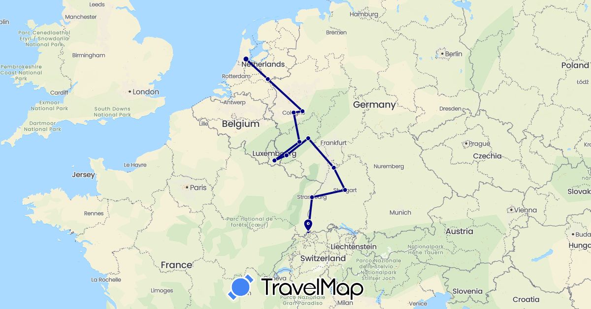 TravelMap itinerary: driving in Switzerland, Germany, France, Luxembourg, Netherlands (Europe)